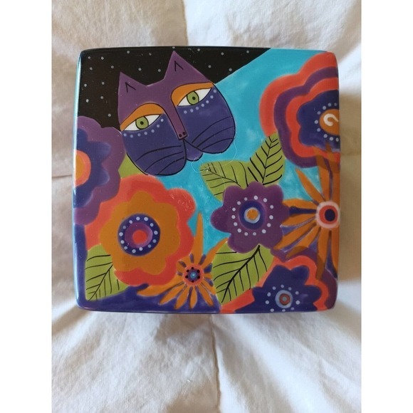 Laurel Burch Cat and Floral Trinket Box by Ganz Square Lidded Ring Dish Ceramic